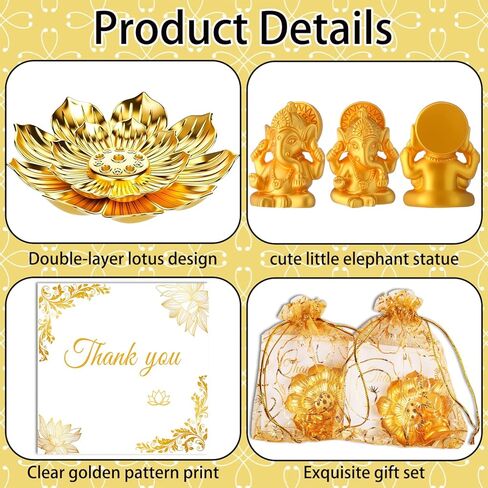 120 عبوة من هدايا ديوالي مع 30 حامل بخور لوتس، و30 قطعة زينة غانيشا ذهبية صغيرة، وحقائب أورجانزا وبطاقات شكر - هدايا الإرجاع الهندية لبوجا والمهرجانات والاحتفالات (المجموعة الذهبية) in Kuwait