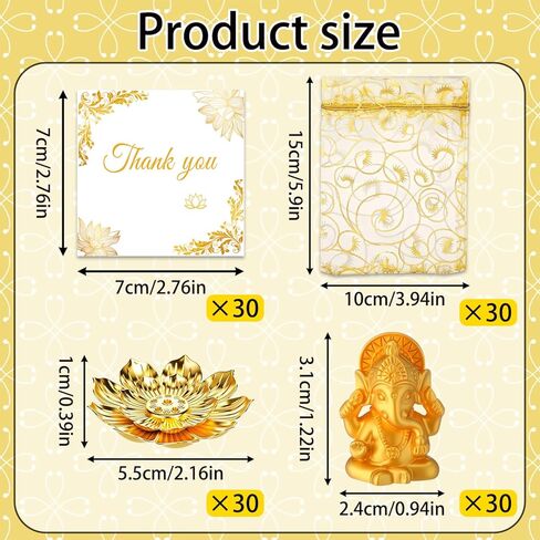 120 عبوة من هدايا ديوالي مع 30 حامل بخور لوتس، و30 قطعة زينة غانيشا ذهبية صغيرة، وحقائب أورجانزا وبطاقات شكر - هدايا الإرجاع الهندية لبوجا والمهرجانات والاحتفالات (المجموعة الذهبية) in Kuwait