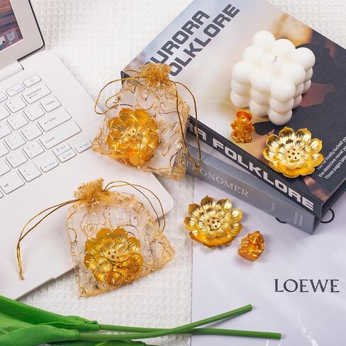 120 عبوة من هدايا ديوالي مع 30 حامل بخور لوتس، و30 قطعة زينة غانيشا ذهبية صغيرة، وحقائب أورجانزا وبطاقات شكر - هدايا الإرجاع الهندية لبوجا والمهرجانات والاحتفالات (المجموعة الذهبية) in Kuwait