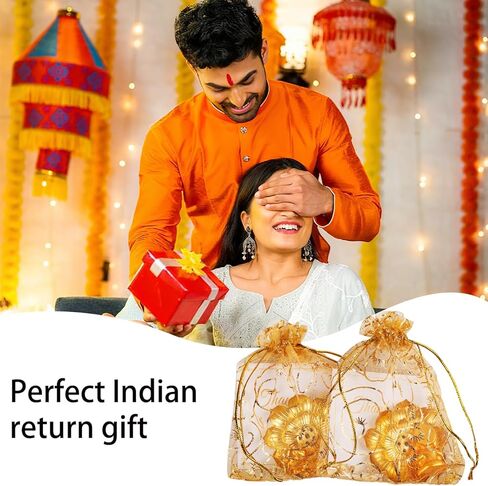 120 عبوة من هدايا ديوالي مع 30 حامل بخور لوتس، و30 قطعة زينة غانيشا ذهبية صغيرة، وحقائب أورجانزا وبطاقات شكر - هدايا الإرجاع الهندية لبوجا والمهرجانات والاحتفالات (المجموعة الذهبية) in Kuwait