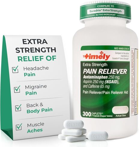 Timely Extra Strength Headache Relief - Acetaminophen with Aspirin & Caffeine (300 Caplets) - Headache, Migraine & Back and Body Pain & Muscle Aches - Compares to Excedrin Extra Strength - Made In USA in Kuwait