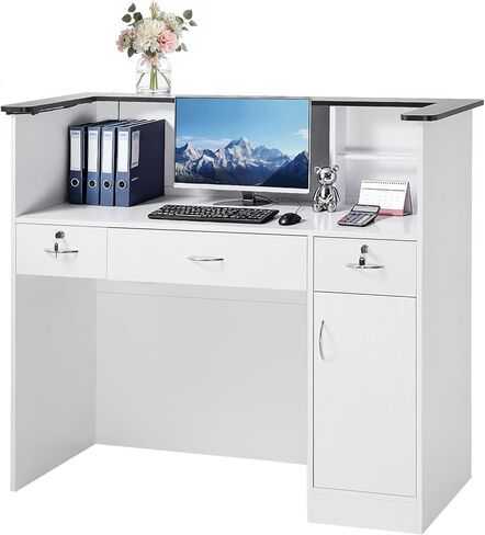 VEVOR Reception Desk, 50 inch Rectangular Front Counter Table, Modern Office Reception Desk with Light Strip, 3 Drawers & Storage Cabinets, Retail Counter Table for Checkout, Lobby, Salon, Office in Saudi Arabia