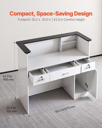 VEVOR Reception Desk, 50 inch Rectangular Front Counter Table, Modern Office Reception Desk with Light Strip, 3 Drawers & Storage Cabinets, Retail Counter Table for Checkout, Lobby, Salon, Office in Saudi Arabia