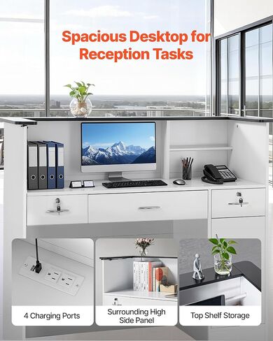 VEVOR Reception Desk, 50 inch Rectangular Front Counter Table, Modern Office Reception Desk with Light Strip, 3 Drawers & Storage Cabinets, Retail Counter Table for Checkout, Lobby, Salon, Office in Saudi Arabia