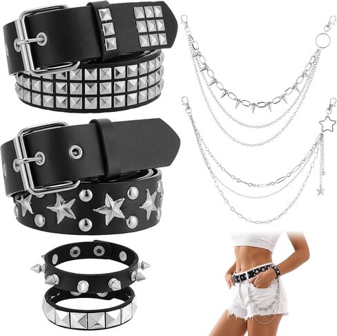 JATEBI 6 Pcs Y2k Accessories Set Black Star Gothic Punk Rock Studded Belt Waist Chain Belt Punk Rock Studded Bracelet for Women in Saudi Arabia