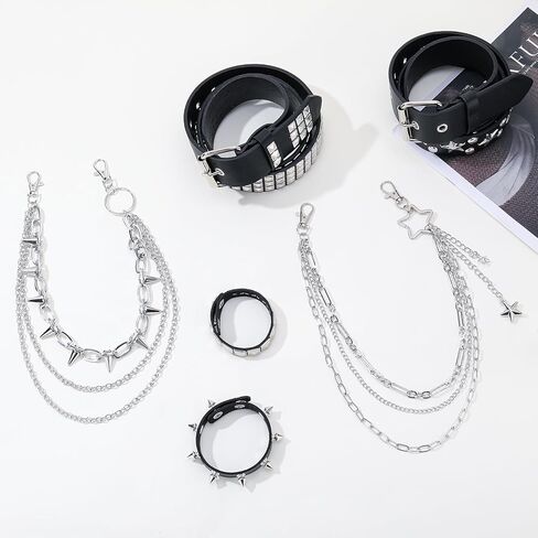 JATEBI 6 Pcs Y2k Accessories Set Black Star Gothic Punk Rock Studded Belt Waist Chain Belt Punk Rock Studded Bracelet for Women in Saudi Arabia