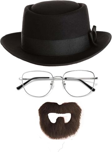 Halloween Costume Accessories Men Set Include Felt Fedora Transparent Lens Glasses Fake Beard for Walter White Cosplay Party in Kuwait