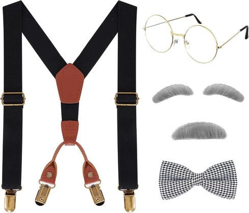 5 PCS Old Man Costume 100 Day of School Grandpa Costume Bow Tie Mustache Glasses Suspenders for 1920s Grandpa Dress Up in Saudi Arabia