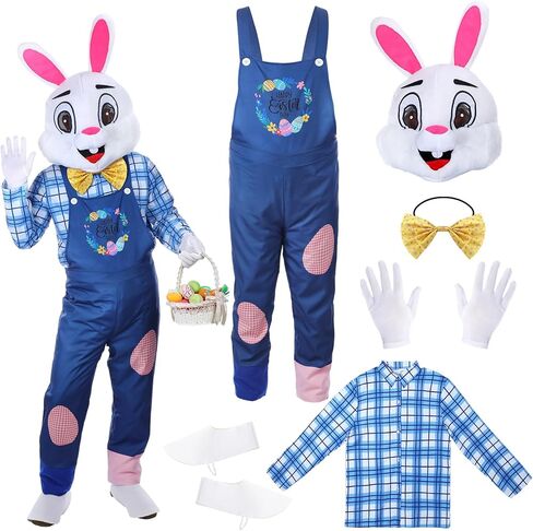 Hicarer Easter Bunny Costume for Adult Happy Easter Rabbit Mascot Dungarees and Bunny Head Unisex Cosplay Costume Accessories in Saudi Arabia