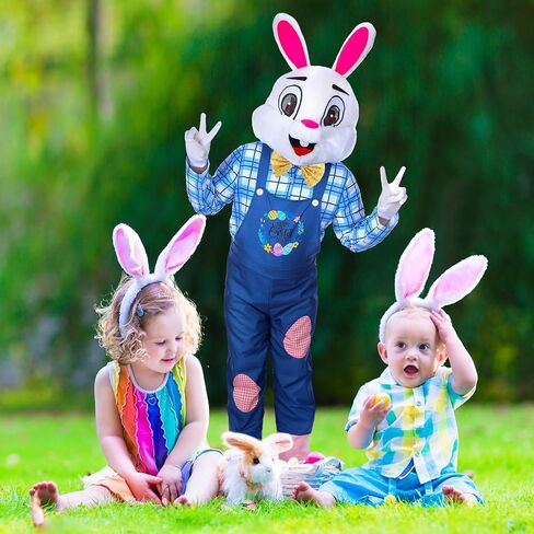 Hicarer Easter Bunny Costume for Adult Happy Easter Rabbit Mascot Dungarees and Bunny Head Unisex Cosplay Costume Accessories in Saudi Arabia