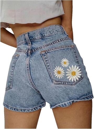 MakeMeChic Women's Floral Jean Shorts Y2k High Waist Embroidery Denim Shorts with Pocket in Saudi Arabia