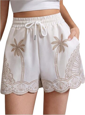 MakeMeChic Women's Wide Leg Shorts Tropical Scallop Trim Drawstring High Waist Vacation Casual Shorts in Saudi Arabia