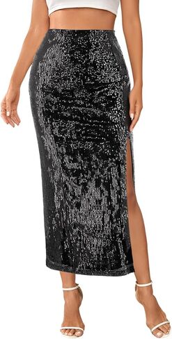 Segreto Women's Sequin Maxi Skirt High Waist Split Hem Sparkle Bodycon Midi Long Pencil Fishtail Skirts Party Cocktail in Saudi Arabia