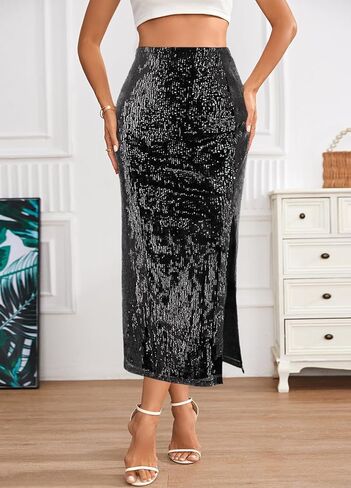 Segreto Women's Sequin Maxi Skirt High Waist Split Hem Sparkle Bodycon Midi Long Pencil Fishtail Skirts Party Cocktail in Saudi Arabia
