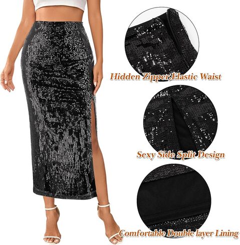 Segreto Women's Sequin Maxi Skirt High Waist Split Hem Sparkle Bodycon Midi Long Pencil Fishtail Skirts Party Cocktail in Saudi Arabia