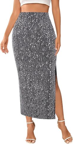 Segreto Women's Sequin Maxi Skirt High Waist Split Hem Sparkle Bodycon Midi Long Pencil Fishtail Skirts Party Cocktail in Saudi Arabia