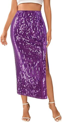 Segreto Women's Sequin Maxi Skirt High Waist Split Hem Sparkle Bodycon Midi Long Pencil Fishtail Skirts Party Cocktail in Saudi Arabia