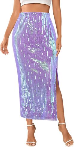 Segreto Women's Sequin Maxi Skirt High Waist Split Hem Sparkle Bodycon Midi Long Pencil Fishtail Skirts Party Cocktail in Saudi Arabia