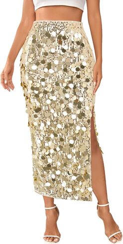 Segreto Women's Sequin Maxi Skirt High Waist Split Hem Sparkle Bodycon Midi Long Pencil Fishtail Skirts Party Cocktail in Saudi Arabia