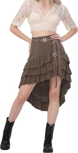 Medieval Renaissance Fairy Short Skirt Victorian Asymmetrical Hem Flowy Layered Drape Pirate Womens Skirts with Belt in Saudi Arabia