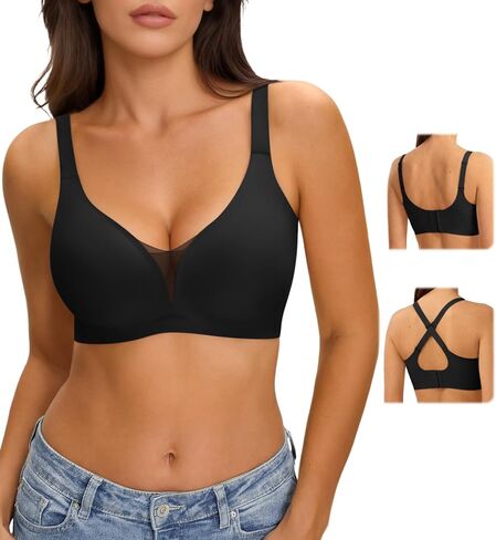 LUCKMEEY Womens Wireless Bras Sexy V Mesh Brallete Supportive Jelly Bra Seamless Tshirt Bra (U-Back & Crossback) in Kuwait