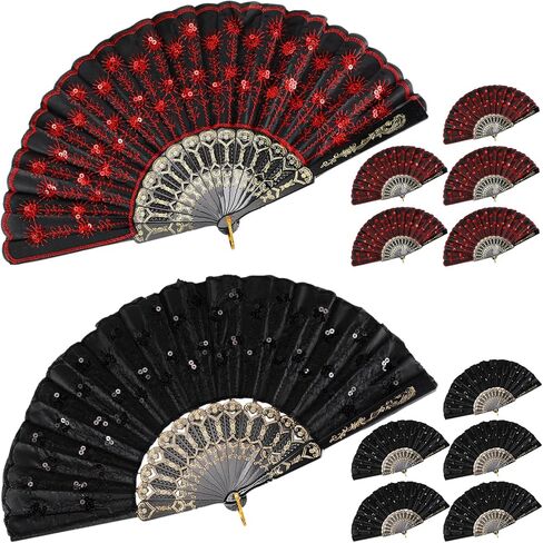 Jetec 12 Pcs Peacock Hand Fans Spanish Handheld Folding Fans Fabric Foldable for Weddings Bridal Dancing Church Halloween DIY Decoration Women Gift Party Favors, Red & Black in Saudi Arabia