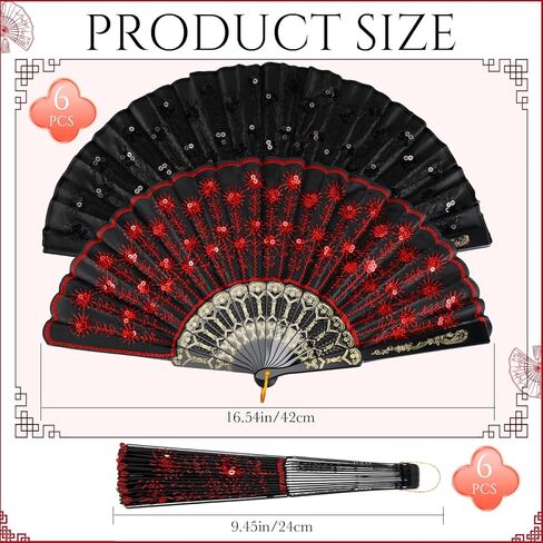 Jetec 12 Pcs Peacock Hand Fans Spanish Handheld Folding Fans Fabric Foldable for Weddings Bridal Dancing Church Halloween DIY Decoration Women Gift Party Favors, Red & Black in Saudi Arabia