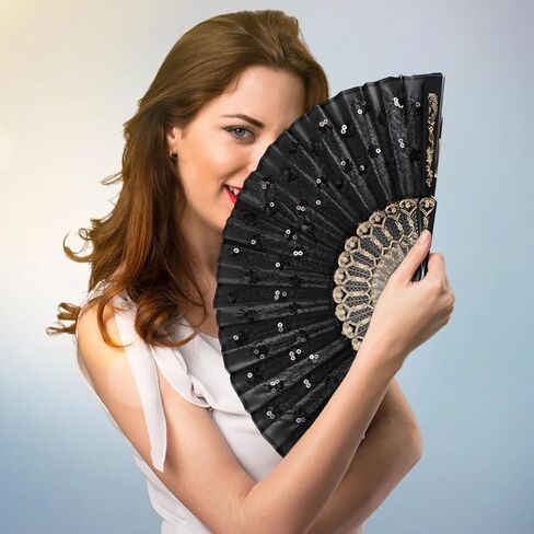 Jetec 12 Pcs Peacock Hand Fans Spanish Handheld Folding Fans Fabric Foldable for Weddings Bridal Dancing Church Halloween DIY Decoration Women Gift Party Favors, Red & Black in Saudi Arabia