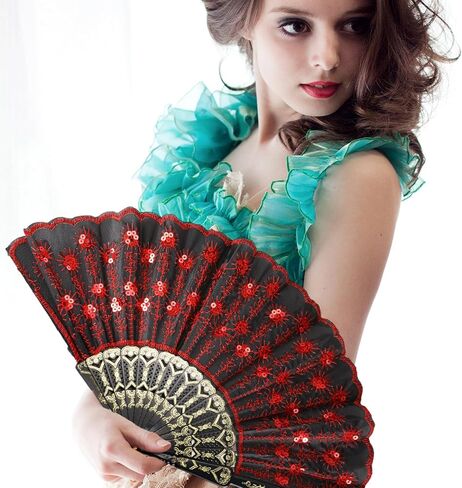 Jetec 12 Pcs Peacock Hand Fans Spanish Handheld Folding Fans Fabric Foldable for Weddings Bridal Dancing Church Halloween DIY Decoration Women Gift Party Favors, Red & Black in Saudi Arabia