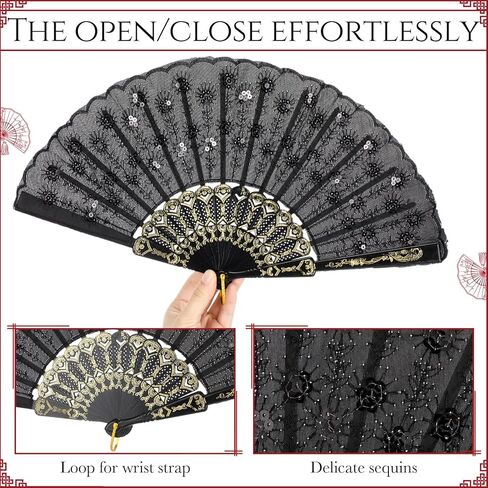 Jetec 12 Pcs Peacock Hand Fans Spanish Handheld Folding Fans Fabric Foldable for Weddings Bridal Dancing Church Halloween DIY Decoration Women Gift Party Favors, Red & Black in Saudi Arabia