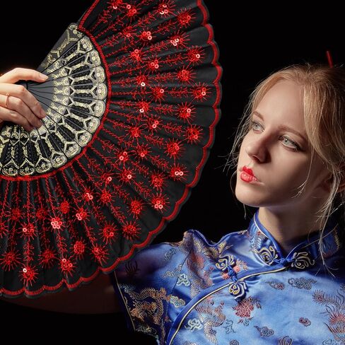 Jetec 12 Pcs Peacock Hand Fans Spanish Handheld Folding Fans Fabric Foldable for Weddings Bridal Dancing Church Halloween DIY Decoration Women Gift Party Favors, Red & Black in Saudi Arabia