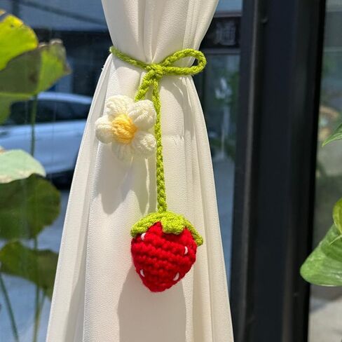 4Pcs Handmade Knitted Flower Curtain Tiebacks Decorative Floral Curtain Holdbacks Rope for Home Kitchen Supplies (Red Strawberry) in Kuwait