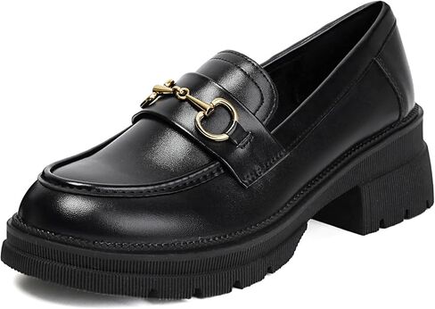 MASIKA Black Platform Loafers for Women - Women's Retro Slip-On Leather Loafers, Chunky Shoes for Work & Dressy Occasions. in Saudi Arabia