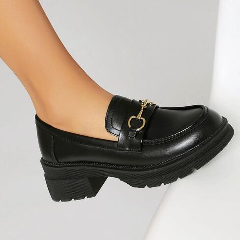 MASIKA Black Platform Loafers for Women - Women's Retro Slip-On Leather Loafers, Chunky Shoes for Work & Dressy Occasions. in Saudi Arabia