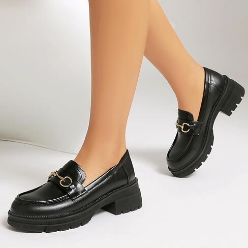 MASIKA Black Platform Loafers for Women - Women's Retro Slip-On Leather Loafers, Chunky Shoes for Work & Dressy Occasions. in Saudi Arabia