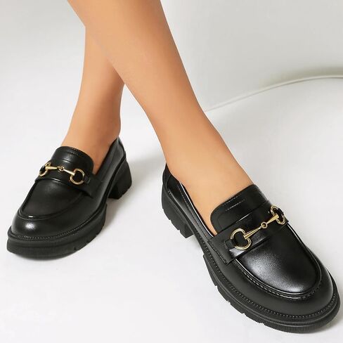 MASIKA Black Platform Loafers for Women - Women's Retro Slip-On Leather Loafers, Chunky Shoes for Work & Dressy Occasions. in Saudi Arabia