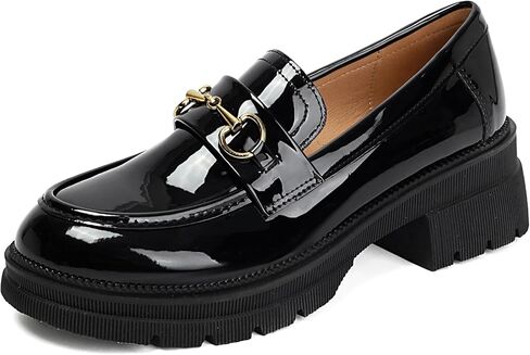 MASIKA Black Platform Loafers for Women - Women's Retro Slip-On Leather Loafers, Chunky Shoes for Work & Dressy Occasions. in Kuwait