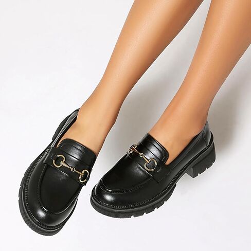 MASIKA Black Platform Loafers for Women - Women's Retro Slip-On Leather Loafers, Chunky Shoes for Work & Dressy Occasions. in Saudi Arabia