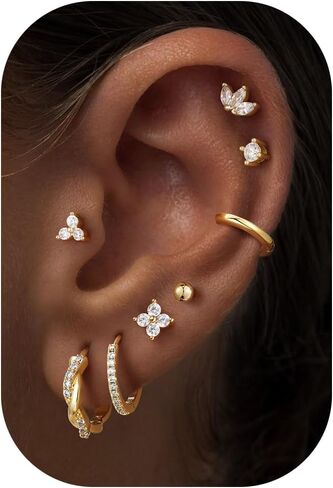 Turandoss Gold Hoop Earrings for Women Trendy - Dainty 14K Gold Plated Hypoallergenic Huggie Hoop Stud Flat Back Earrings Set for Multiple Piercing Earrings for Women in Saudi Arabia