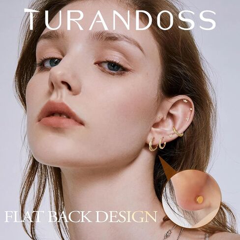 Turandoss Gold Hoop Earrings for Women Trendy - Dainty 14K Gold Plated Hypoallergenic Huggie Hoop Stud Flat Back Earrings Set for Multiple Piercing Earrings for Women in Saudi Arabia