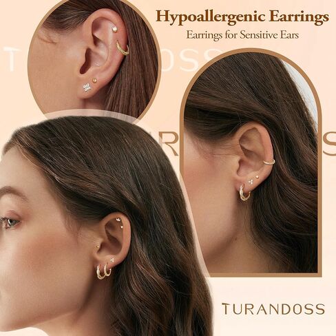 Turandoss Gold Hoop Earrings for Women Trendy - Dainty 14K Gold Plated Hypoallergenic Huggie Hoop Stud Flat Back Earrings Set for Multiple Piercing Earrings for Women in Saudi Arabia