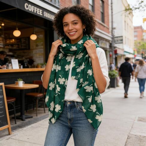 وشاح شامروك أخضر لعيد القديس باتريك للنساء، غطاء شال أيرلندي خفيف الوزن بطباعة البرسيم in Saudi Arabia
