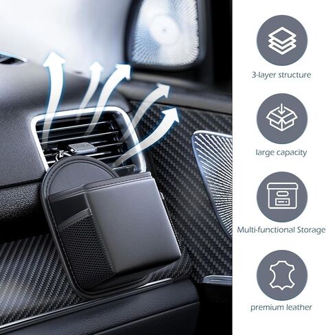 Car Air Vent Storage Bag Organizer Pocket, Multi-functional Air Conditioner Vent Organizer for ID Cards Glasses Phones Pens Keys, Keeps Your Car Neat & Tidy for Stress-free Journey (Black) in Saudi Arabia