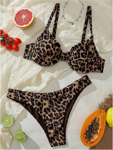 Women's Two Piece Swimsuits Push Up Cheetah Leopard Print Cheeky Thong Bikini Sets Bathing Suit in Saudi Arabia