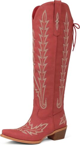 أحذية رعاة البقر النسائية حتى الركبة مطرزة راعية البقر بأربطة قابلة للتعديل أحذية غربية in Kuwait