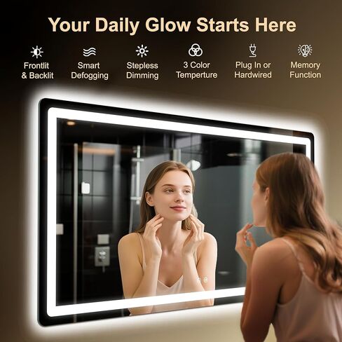 مرآة حمام LED، مرآة حمام مقاس 30 × 55 بوصة مع أضواء للجدار، مقاومة ذكية للضباب، قابلة للتعتيم بدون خطوات مع 3 أوضاع ألوان، إضاءة خلفية + إضاءة أمامية، وظيفة الذاكرة، مدرجة في قائمة ETL in Kuwait