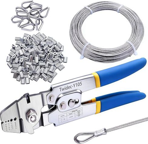 أداة تجعيد حبل Twidec/Wire حتى 2.2 مم مع 240 قطعة 1/16 بوصة من حلقة تجعيد الألومنيوم و165FT 1/16 بوصة 304 حبل سلك من الفولاذ المقاوم للصدأ 20 قطعة كشتبانات حبل سلكي ومجموعة قطع كابل حبل سلكي in Saudi Arabia