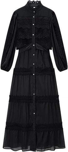 Womens Shirt Dress Mock Neck Long Sleeve Fashion Floral Lace Wedding Guest Dresses Evening Cocktail Party Maxi Dress in Saudi Arabia