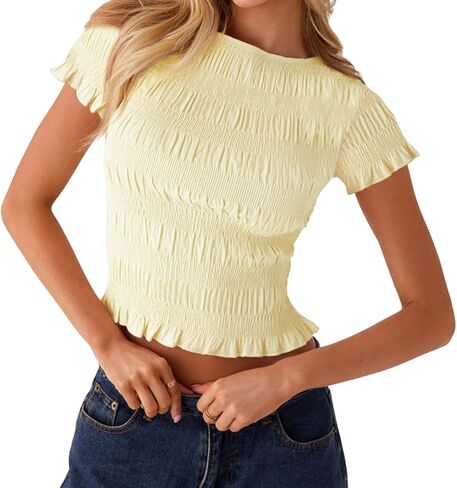 Women Smocked Top Shirred Shirt Short Sleeve Crewneck Ruffle Hem Babydoll Preppy Going Out Aesthetic Y2k Blouse in Saudi Arabia