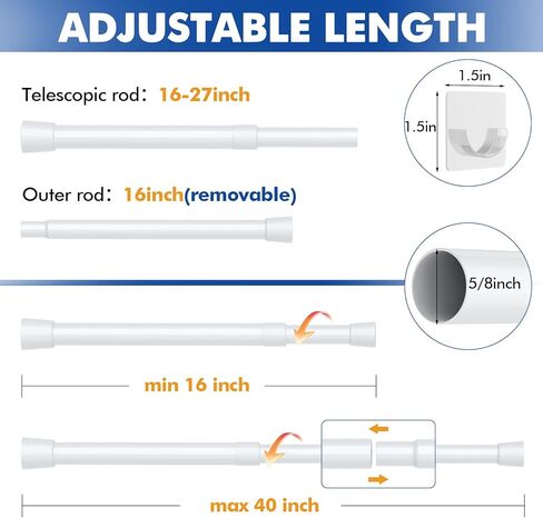 2 حزمة من قضبان ستائر التوتر البيضاء القابلة للتعديل 16-40 بوصة، قضيب شد مع 4 حوامل، قضبان ستائر غير مثقبة للنافذة، المطبخ، الحمام in Kuwait